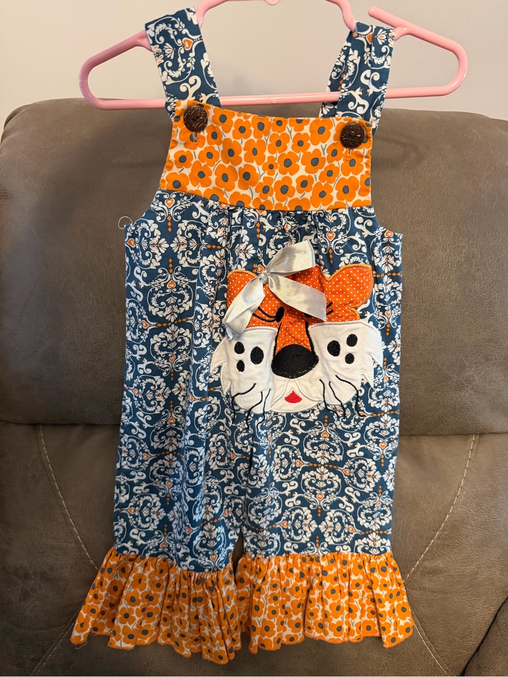 Girls Blue and Orange tiger Applique Overalls